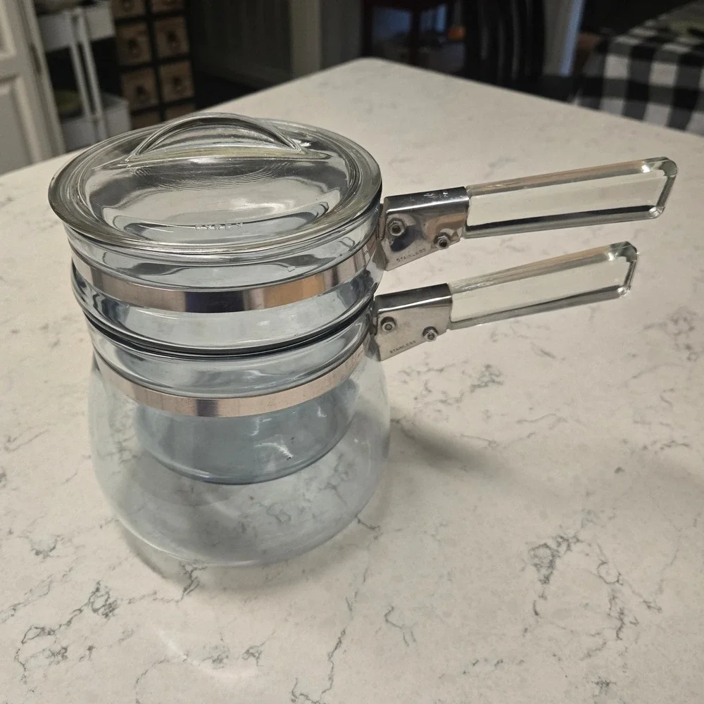Vtg Pyrex Flameware 6762 Double Boiler Set 1 Quart 3 Piece Flame Logo 1937-1946